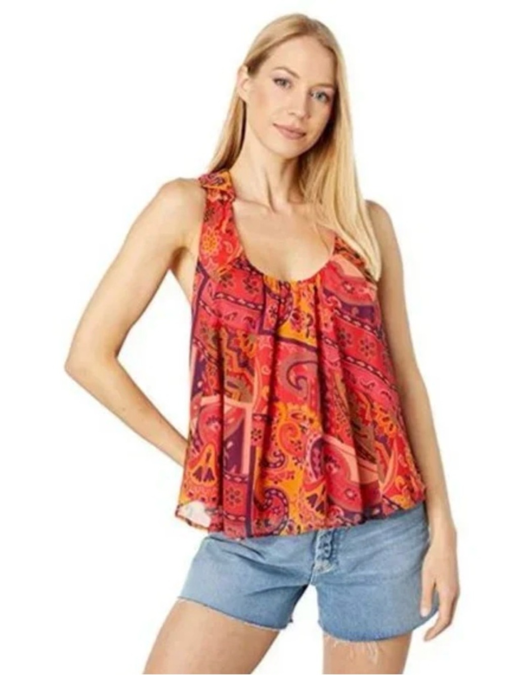 Free People Pink Red Paisley Scoop Neck Camisole